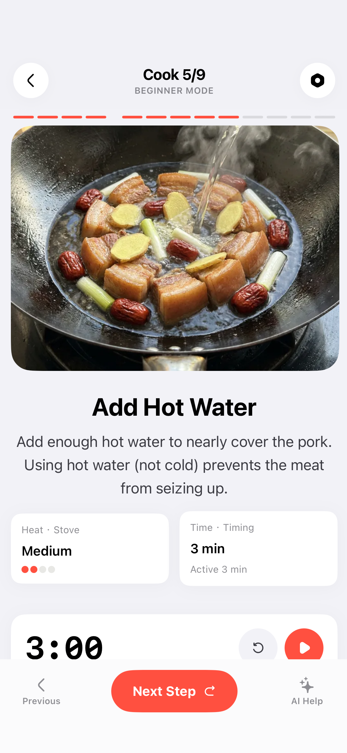 Holia app cook mode showing step-by-step instructions with timer